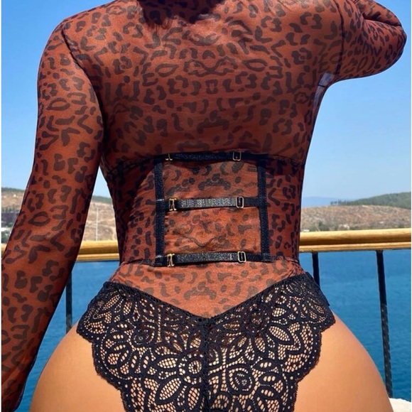Sexy Sheer Leopard Mesh Contrast Lace High Neck Underbust Corset Teddy Bodysuit - Picture 2 of 13